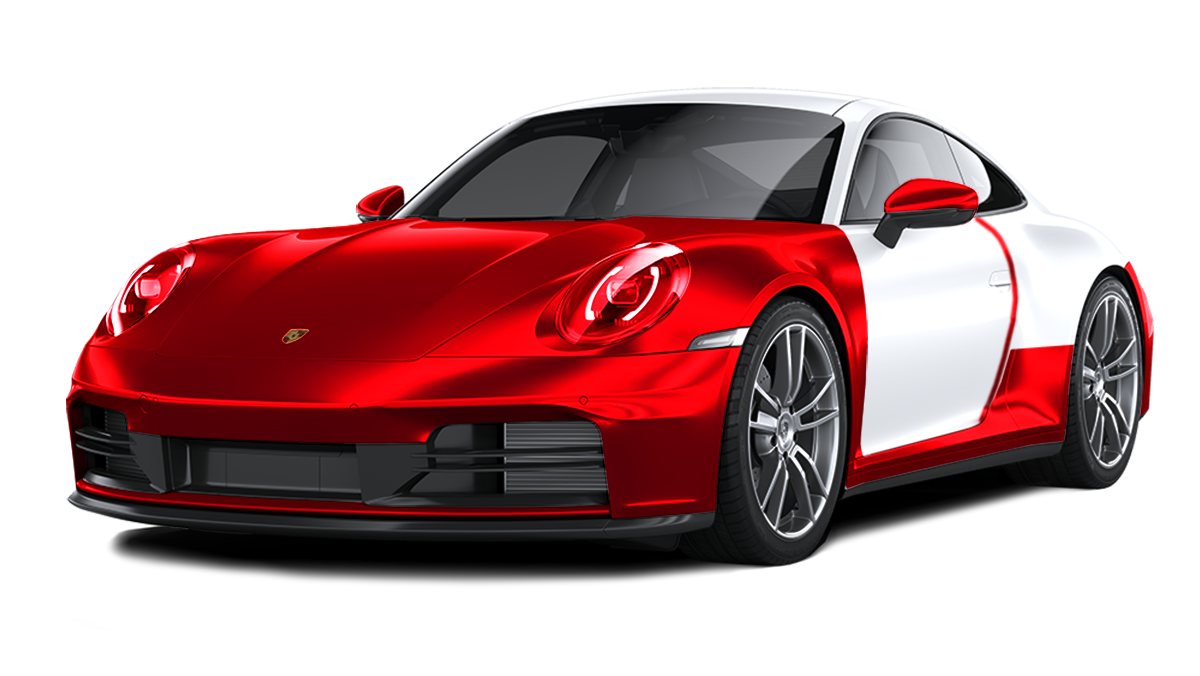 White Porsche 911 with teal front; isolated on white background.