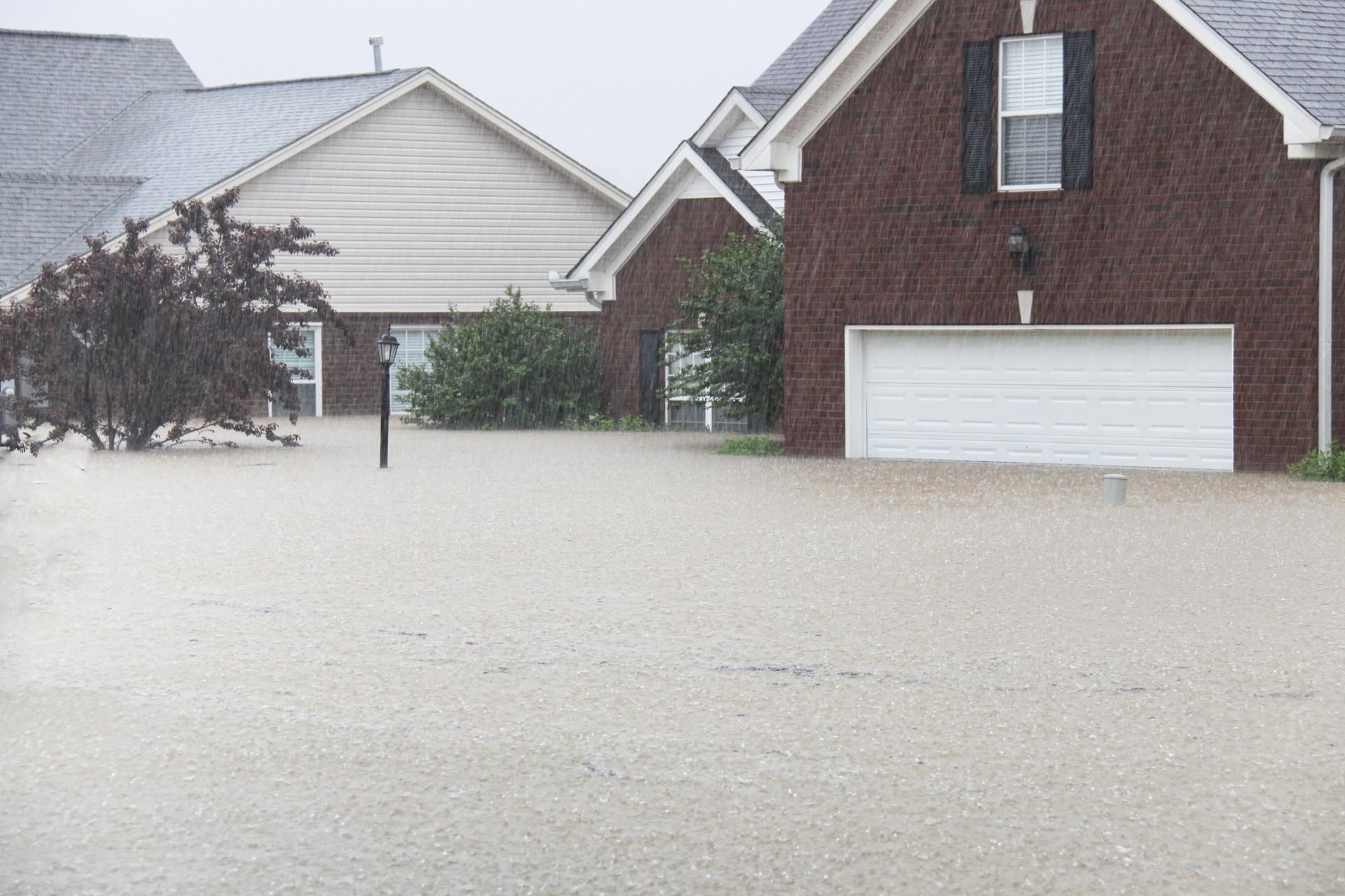 Flooded suburban street with water covering driveways and lawns. Houses in background.