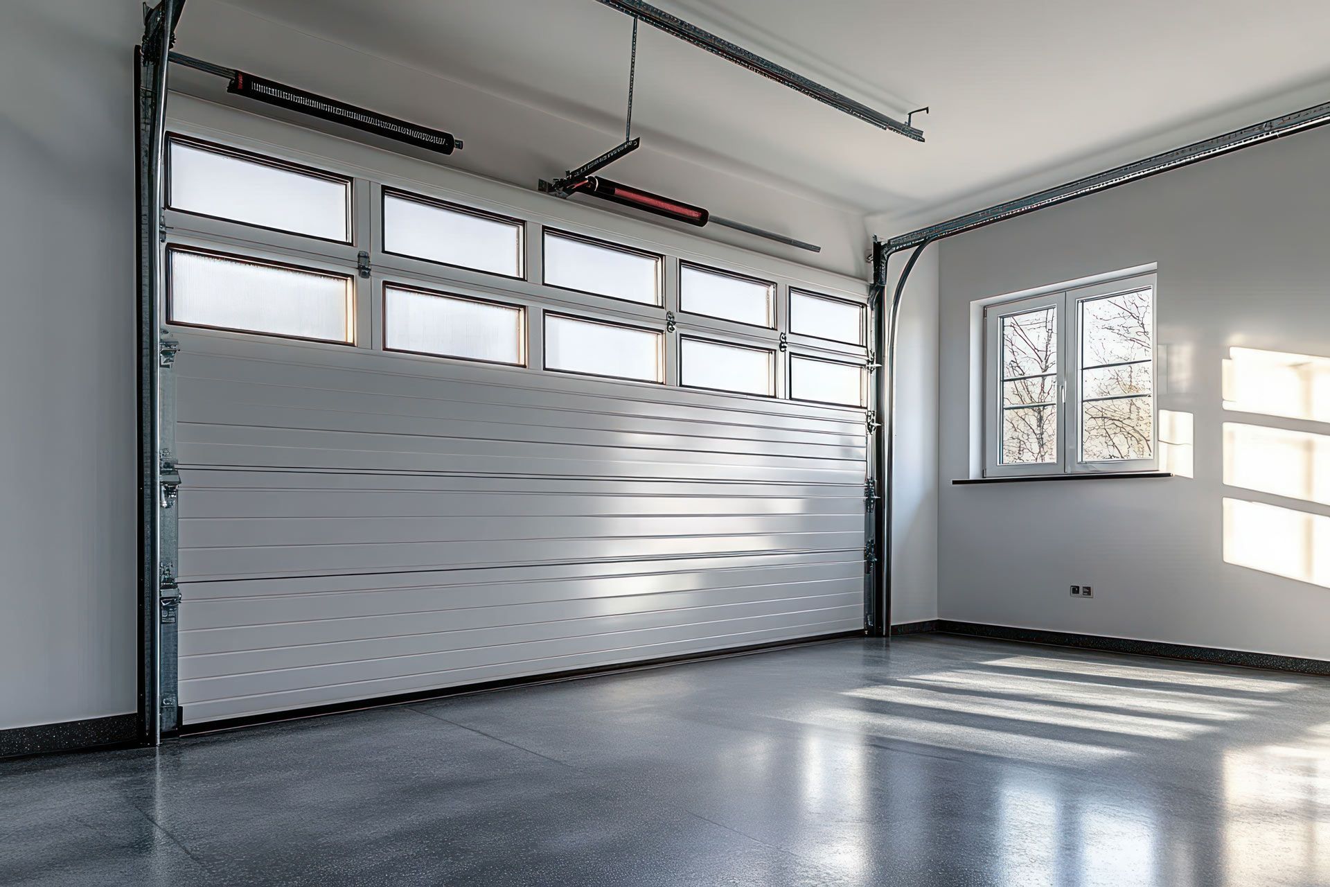 Modern white sectional door near a professional garage door operator repair service station.