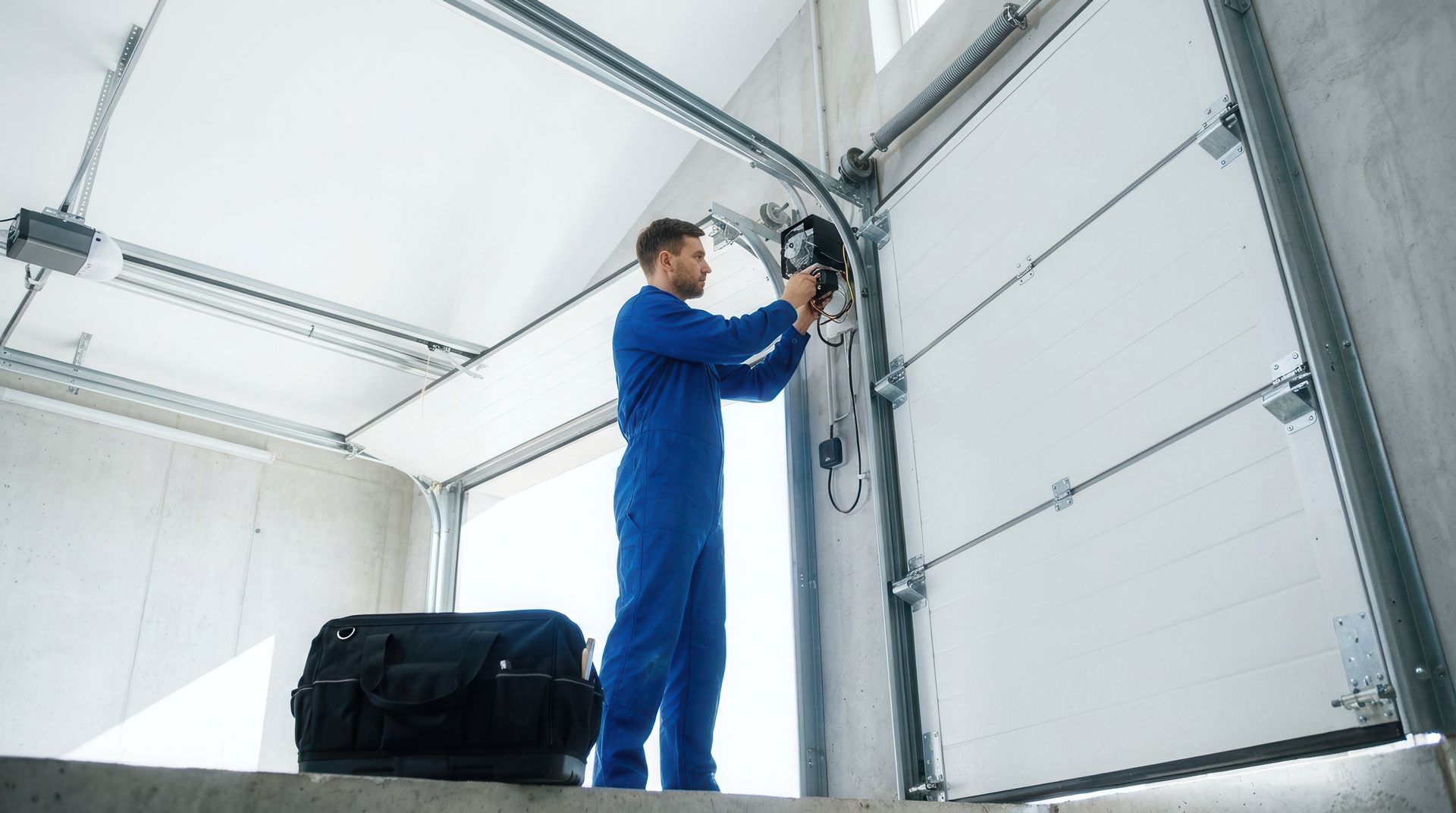 Technician in blue coveralls adjusting an overhead track during a garage door installation indoors.