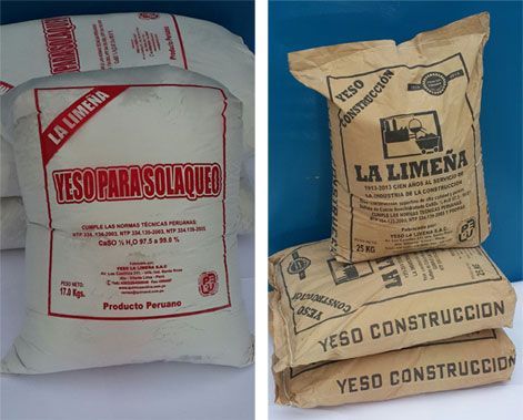 Dos sacos de yeso de construcción: blanco “YESO PARIS/OLAJO” y beige “LA LIMENA” sobre fondo azul.