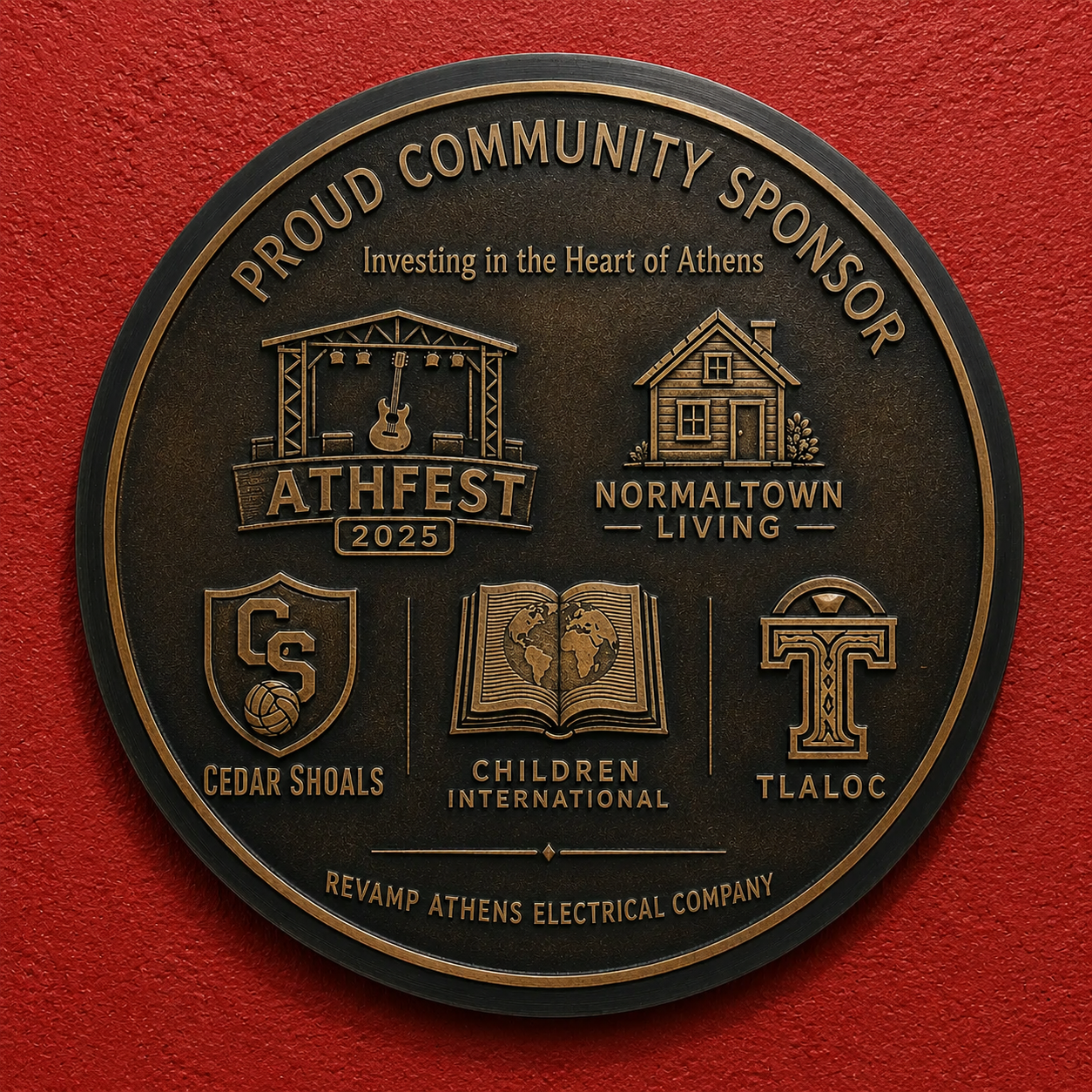 Round bronze “Proud Community Sponsor” plaque with six sponsor logos on a red background
