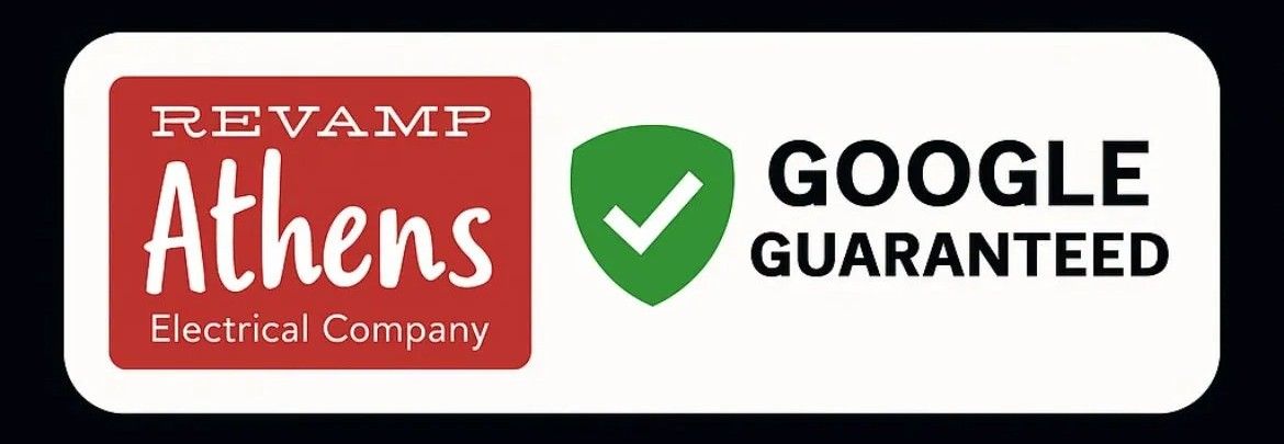 Revamp Athens Electrical Company and Google Guaranteed badges on a white rounded rectangle