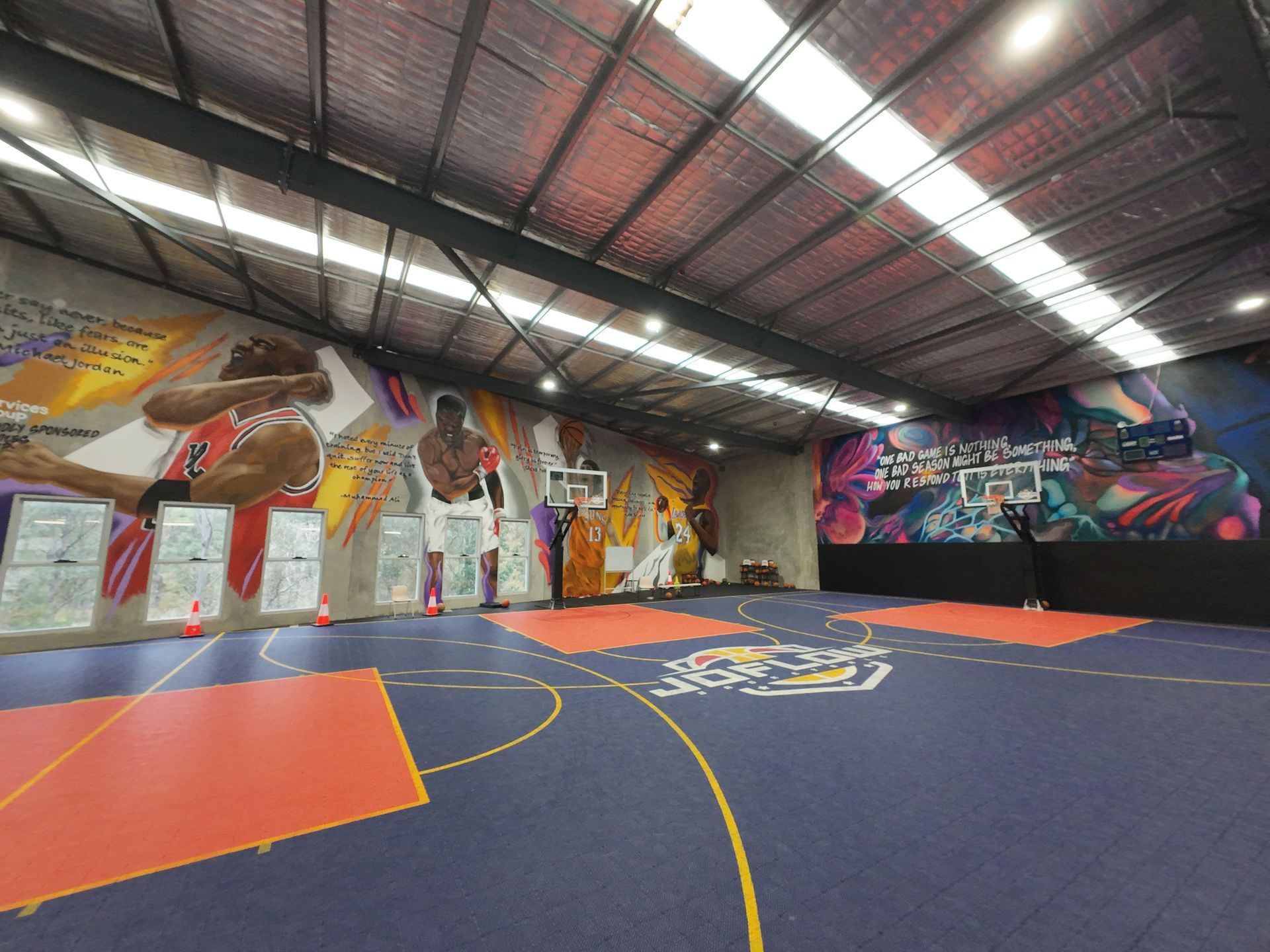 An aerial view of a woman playing basketball on a basketball court.