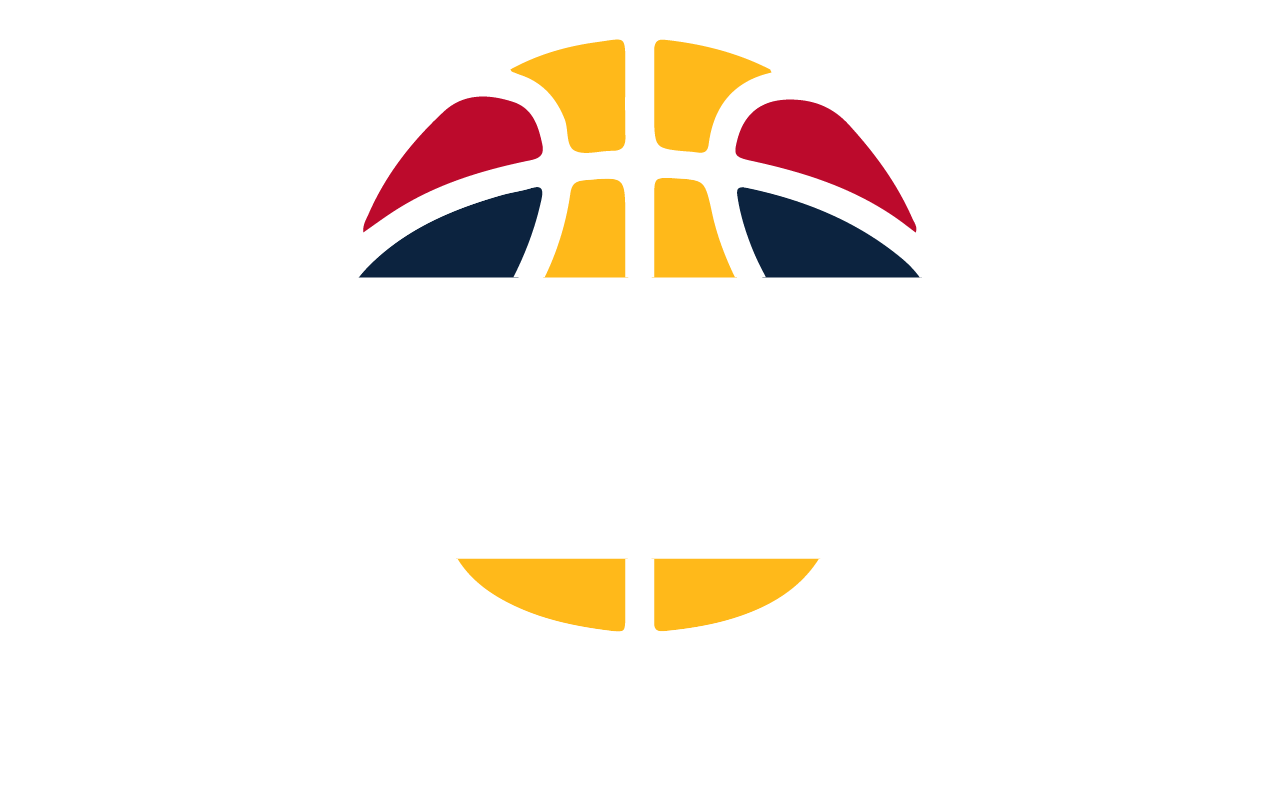 Basketball with red, blue, and gold sections.