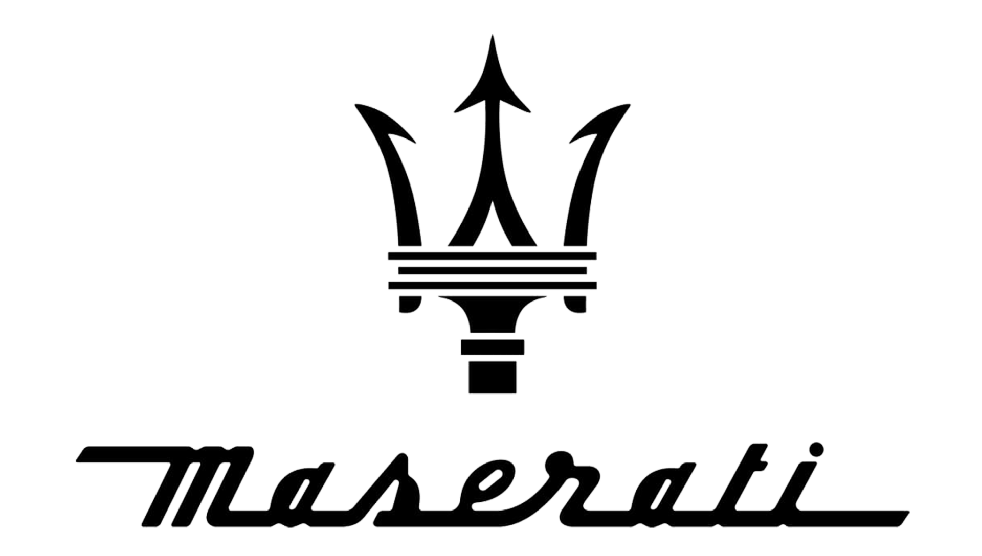 Logo Maserati: emblema del tridente nero sopra il nome del marchio in corsivo.