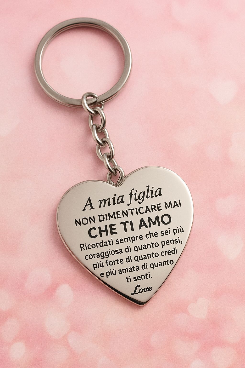 Portachiavi a forma di cuore con testo in italiano. Dice: