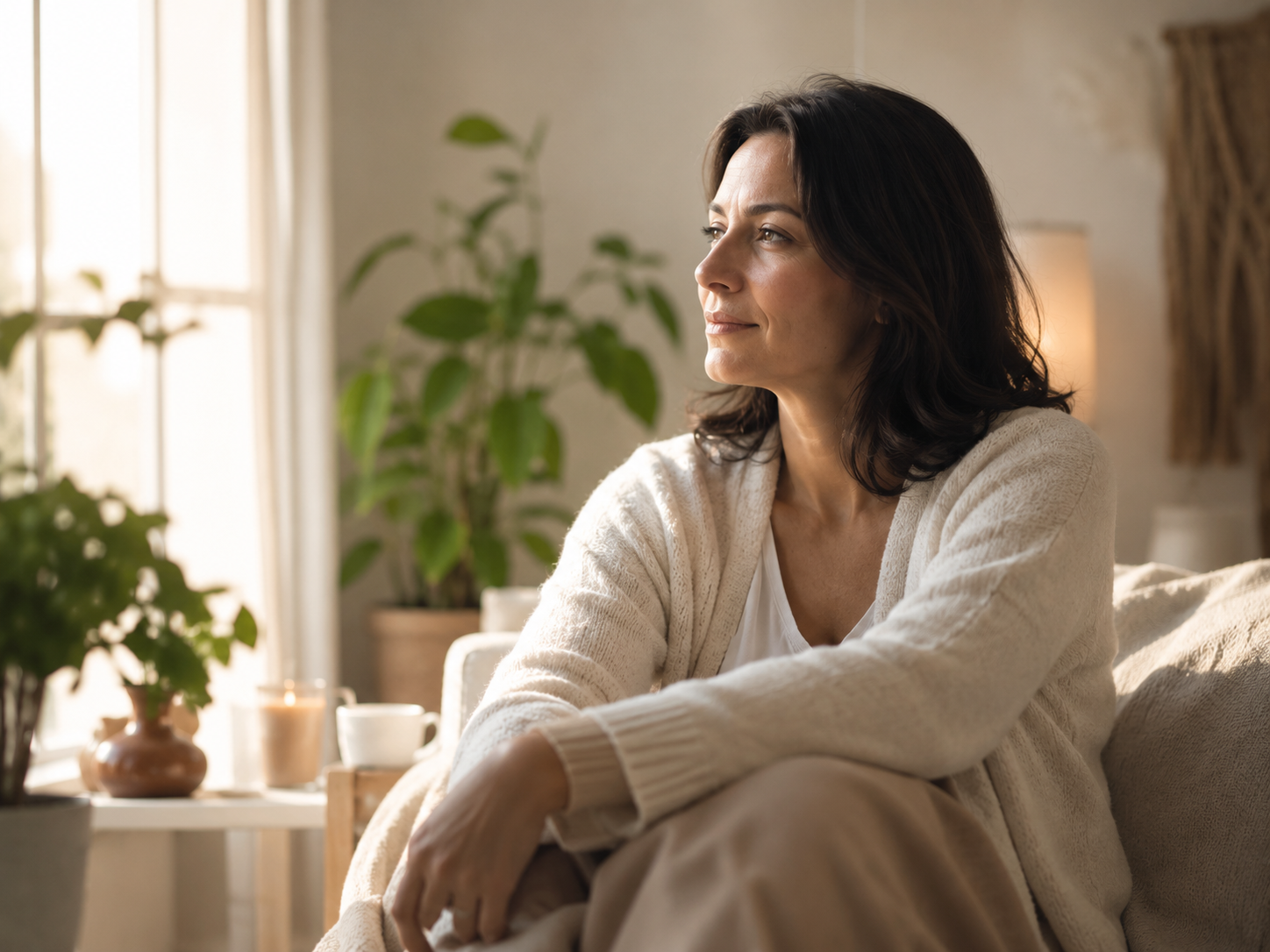 Una donna con un maglione bianco è seduta vicino a una finestra e guarda fuori in una stanza accogliente piena di piante.
