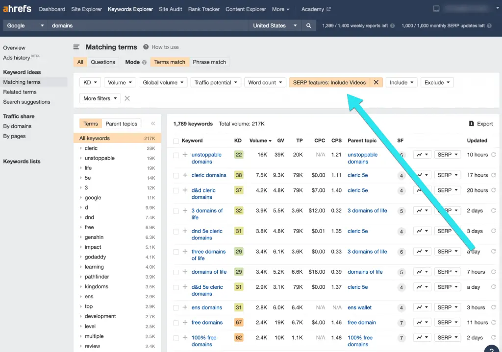 ahrefs Dashboard video filter