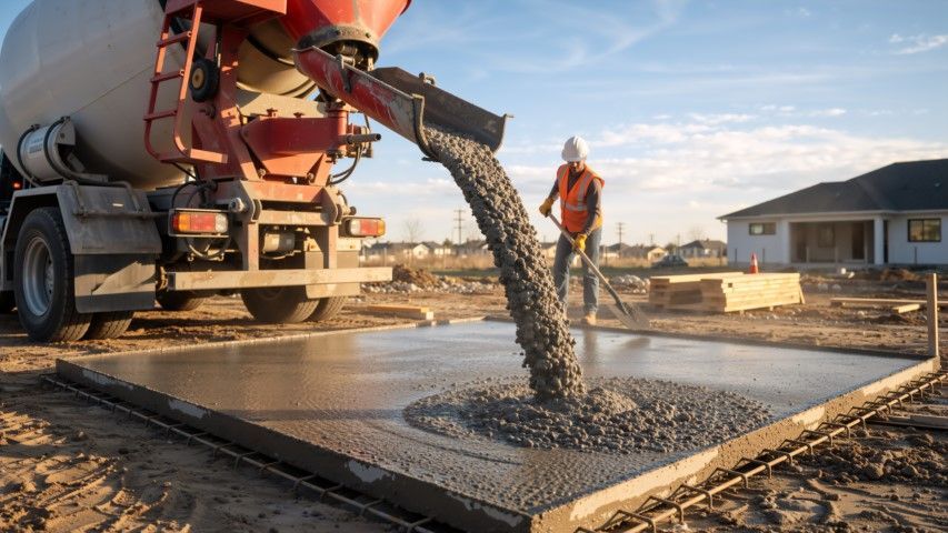 Concrete is being poured from a cement truck onto a foundation at a construction site.