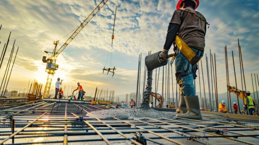 Construction workers on a building site at sunset, with cranes, rebar, and a worker in a hard hat in the foreground