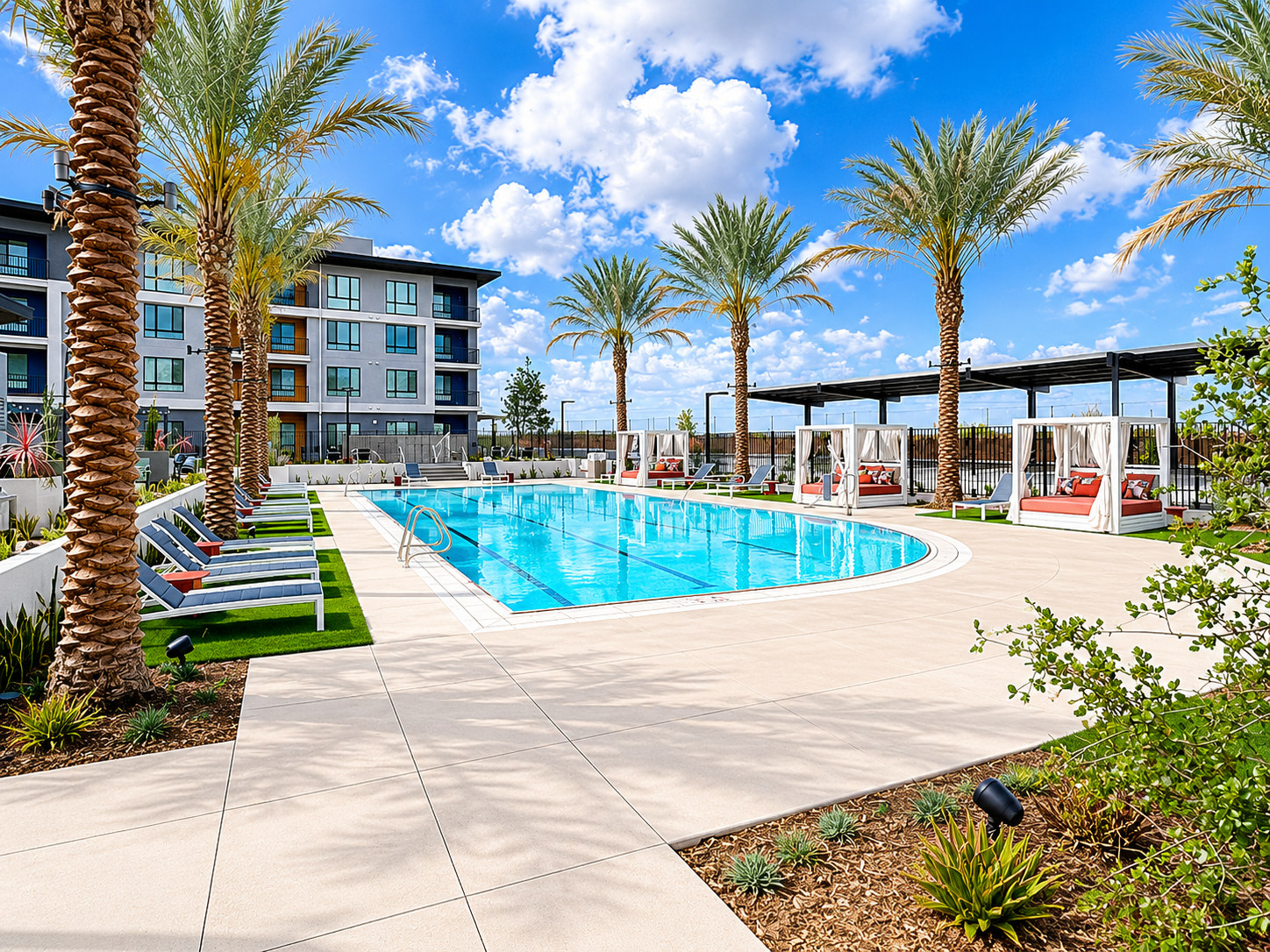 Modern apartment pool with palm trees, lounge chairs, and a bright blue sky