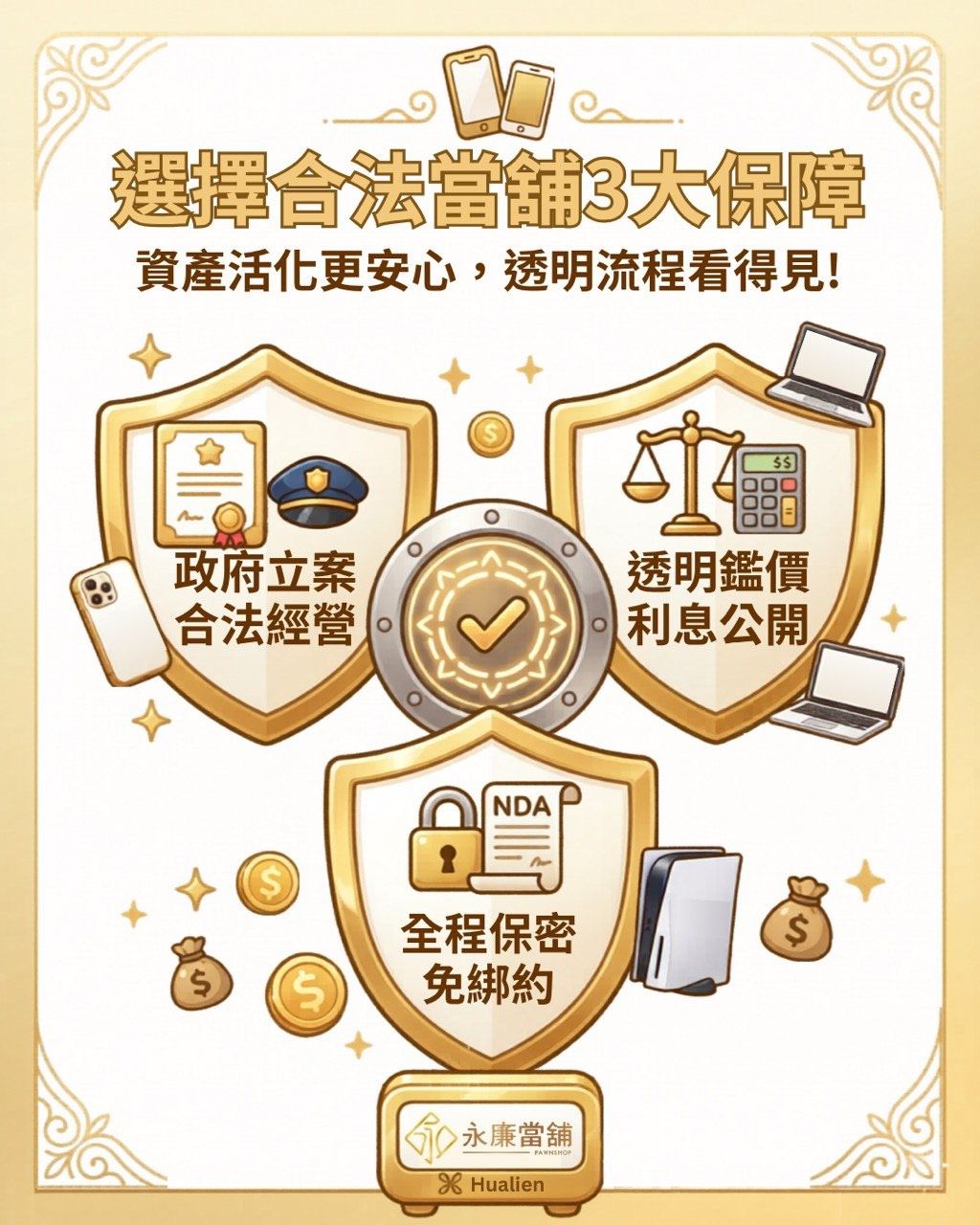 選擇合法當舖三大保障,永廉當舖政府立案合法經營、透明鑑價利息公開、全程保密免綁約。