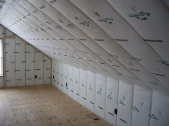 Intérieur d'un grenier en construction ; murs isolés et plafond incliné avec plancher en bois apparent.