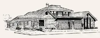 Black-and-white sketch of a building with a sloped roof and surrounding fence, shown from the front corner.