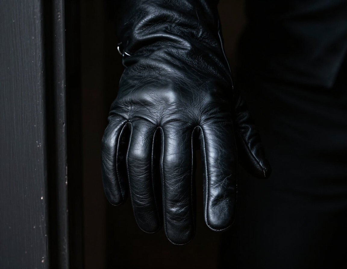 A gloved hand reaching through a dark doorway