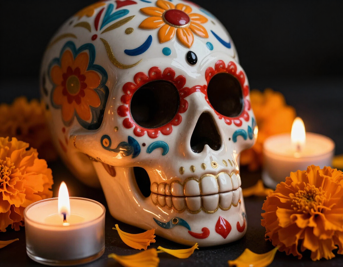 Ornate Dia de los Muertos skull surrounded by candles and marigold petals
