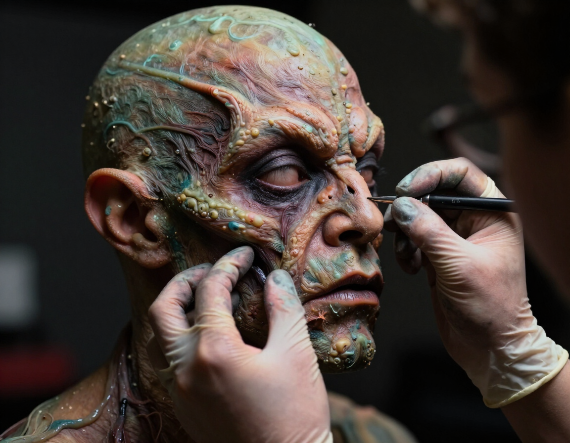Makeup artist applying prosthetic monster appliances backstage