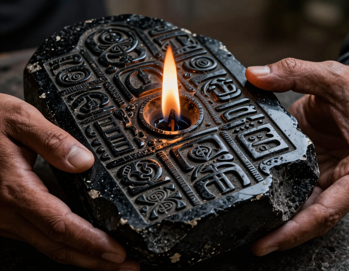 Obsidian carvings illuminated by flame