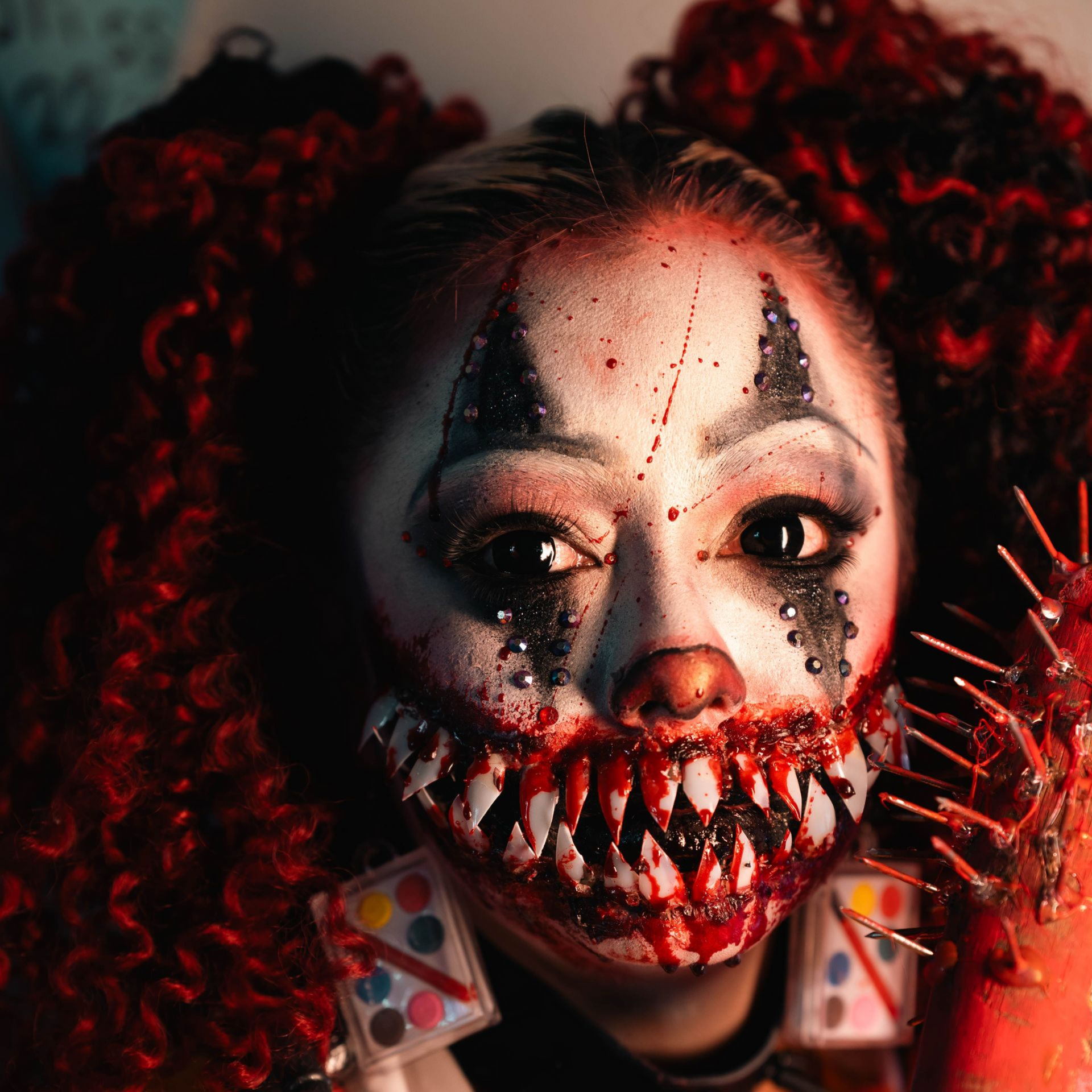 Close up of a clown performer's painted face