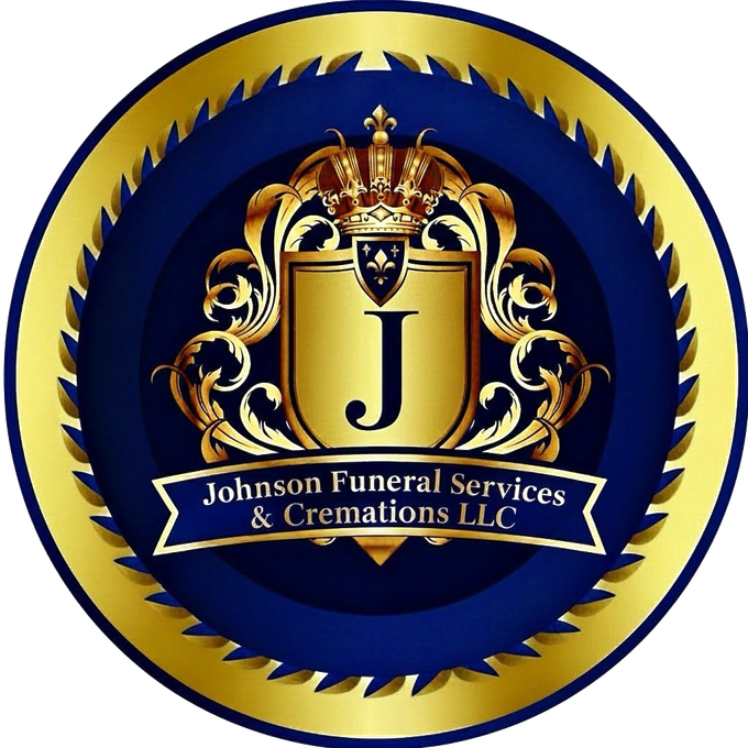 Emblem for Johnson Funeral Services & Cremations LLC. Gold and blue with a crown, shield, and text.
