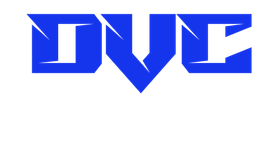 A blue and white logo for dvc on a white background
