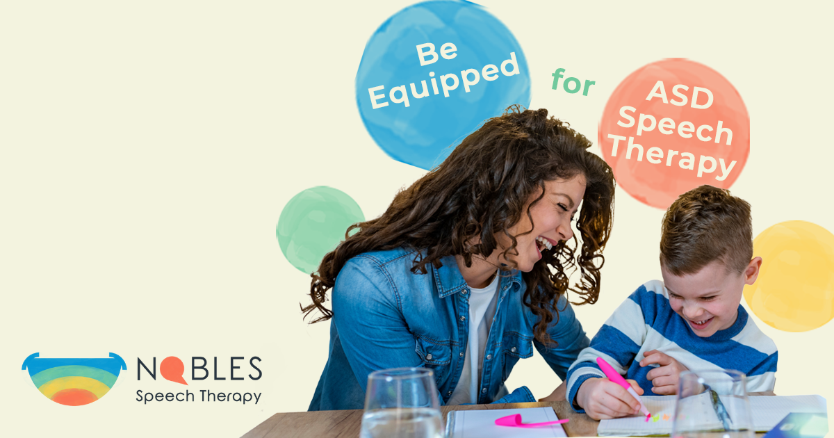 A mom and her child with autism laugh as they do speech therapy exercises together