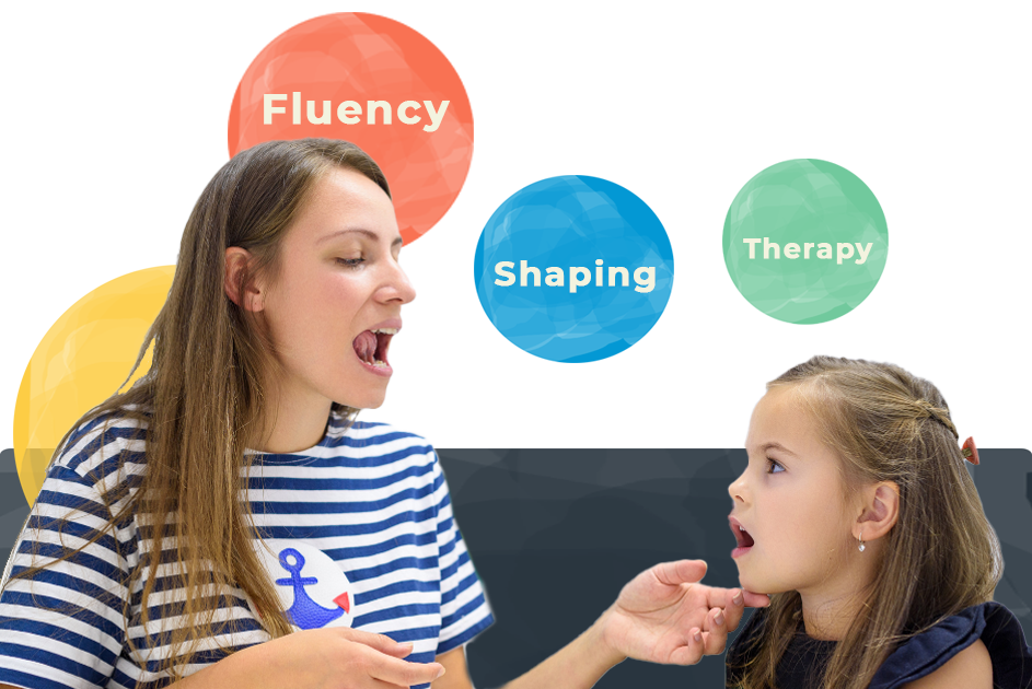 preschooler practicing correct pronunciation with a female speech therapist