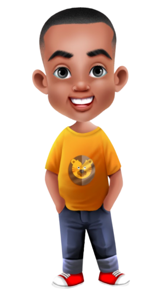 Illustration of the main character in the children's speech therapy book The Courageous Lion in Milo stands with his hands in his pocket while wearing a teeshirt with a lion.