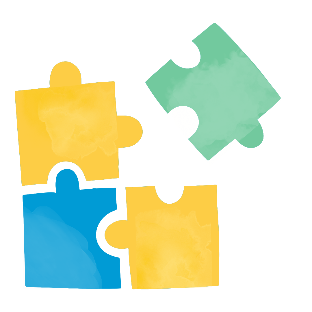 Four puzzle pieces are stacked on top of each other on a white background.