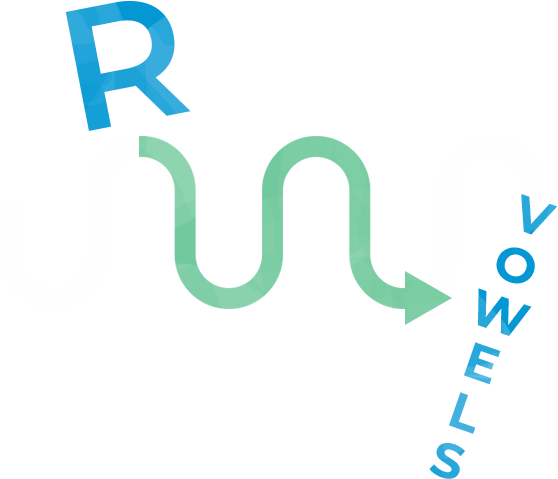 Illustration of the letter R connecting to vowels with a green arrow