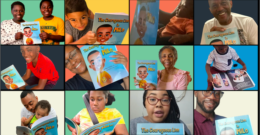 A matrix of happy readers holds up copies of The Courageous Lion in Milo.