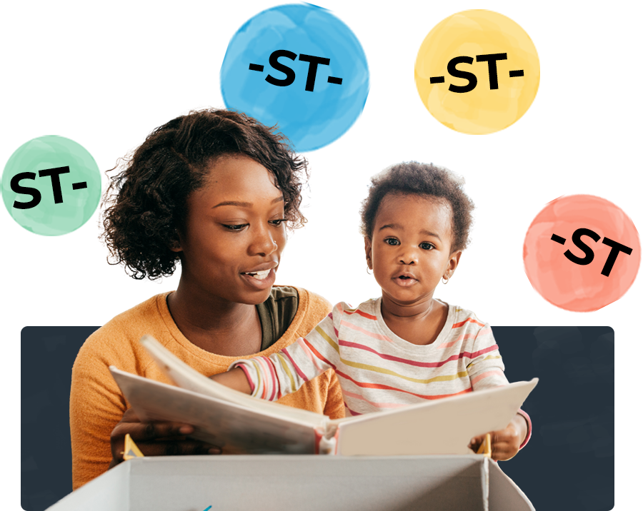 A mother practicing speech with her child by reading a book together