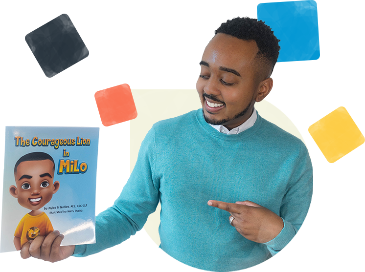 Myles Nobles holding The Courageous Lion in Milo book