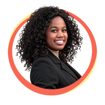 Jasmine Rene, M.S. CCC-SLP, smiling in a circular portrait with layered coral and yellow accents.