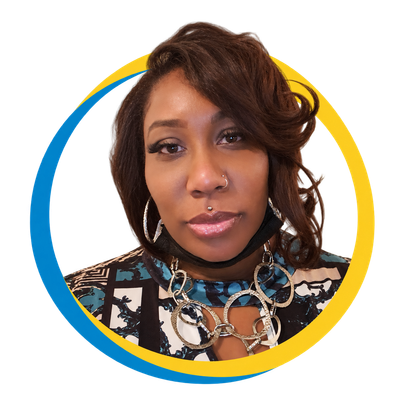 Salena Ryan, Administrative and Outreach Coordinator, smiling in a circular portrait with layered blue and yellow accents.
