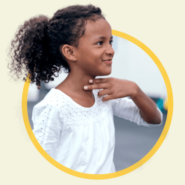 a girl touching her throat, doing speech therapy