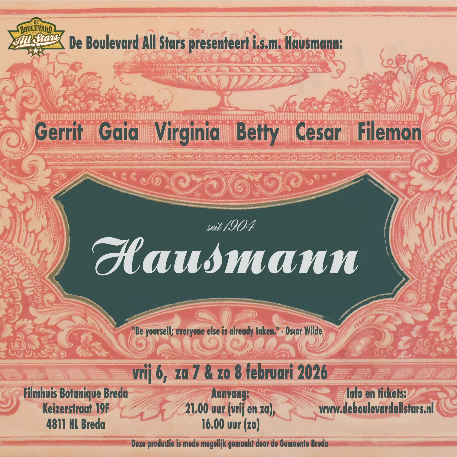 Pink vintage-style poster for “Husmann” with ornate border and event details in Dutch