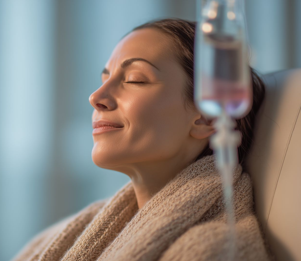 woman with eyes closed relaxing during IV therapy - sante wellness