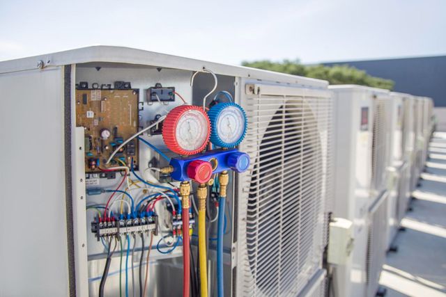 HVAC units on a rooftop, one open with gauges attached; blue and red pipes. Sunny day.