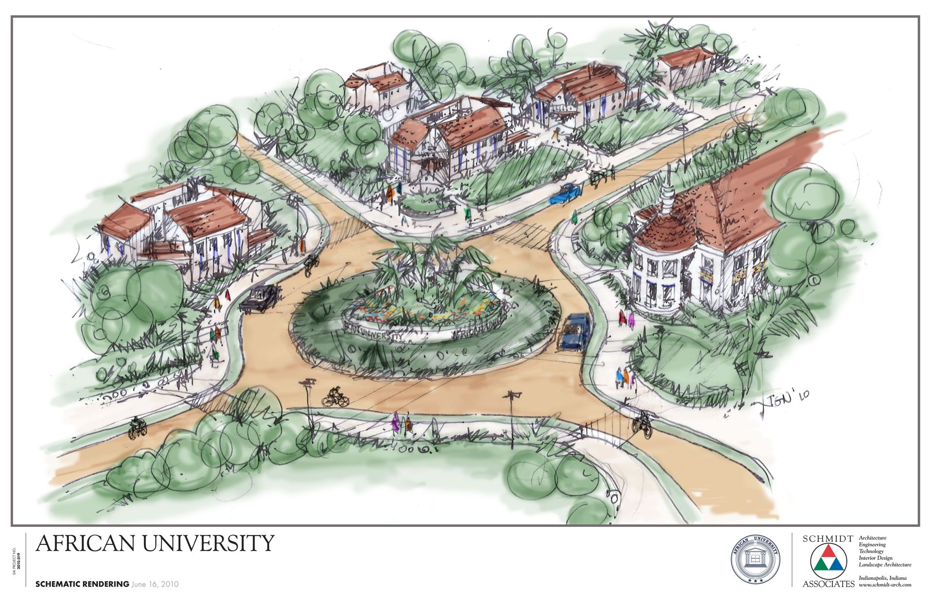 Illustrated African university campus map with buildings, paths, trees, and a central roundabout