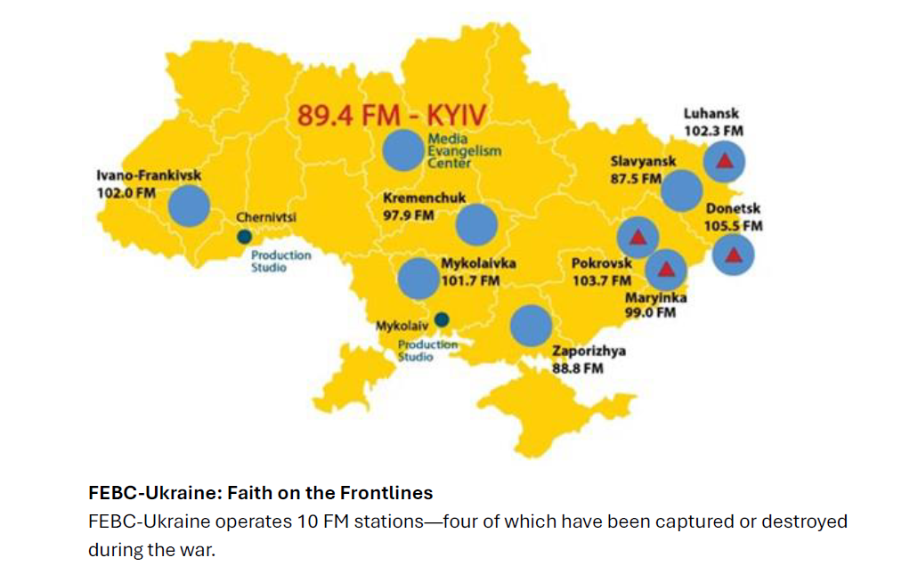 Map of Ukraine highlighting radio stations and frequencies, with text