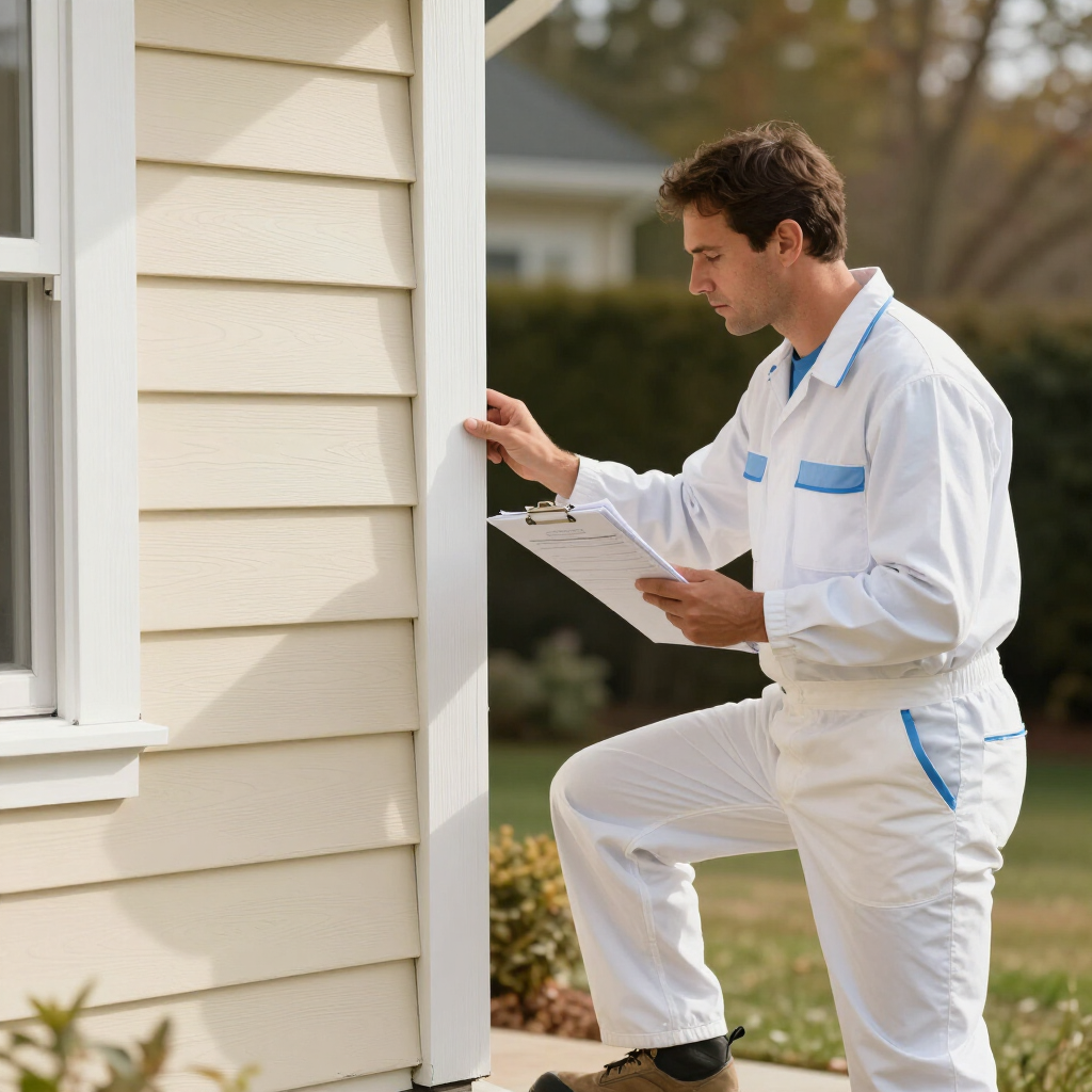 Painter inspecting exterior trim with a clipboard