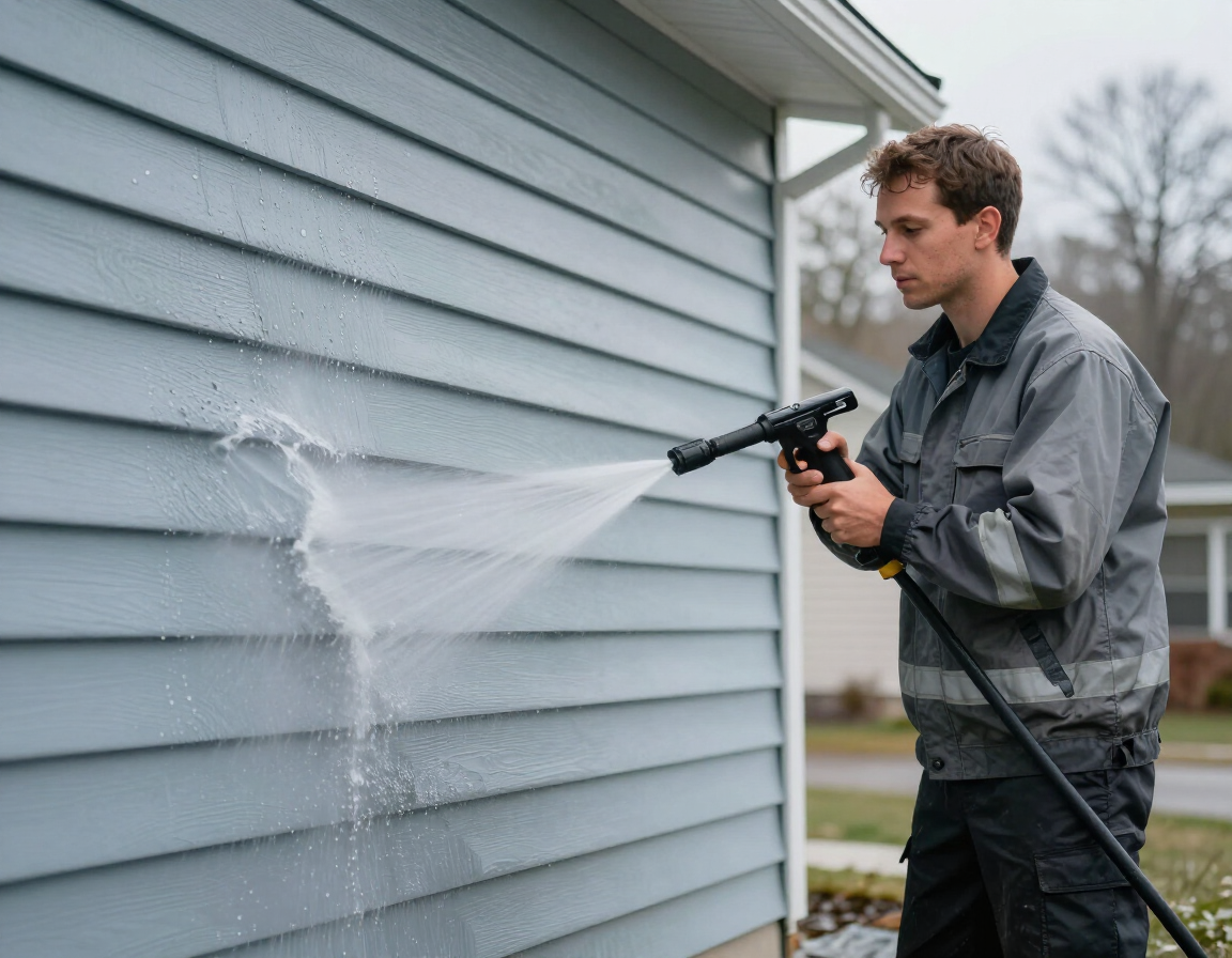 Technician pressure washing a home's exterior siding