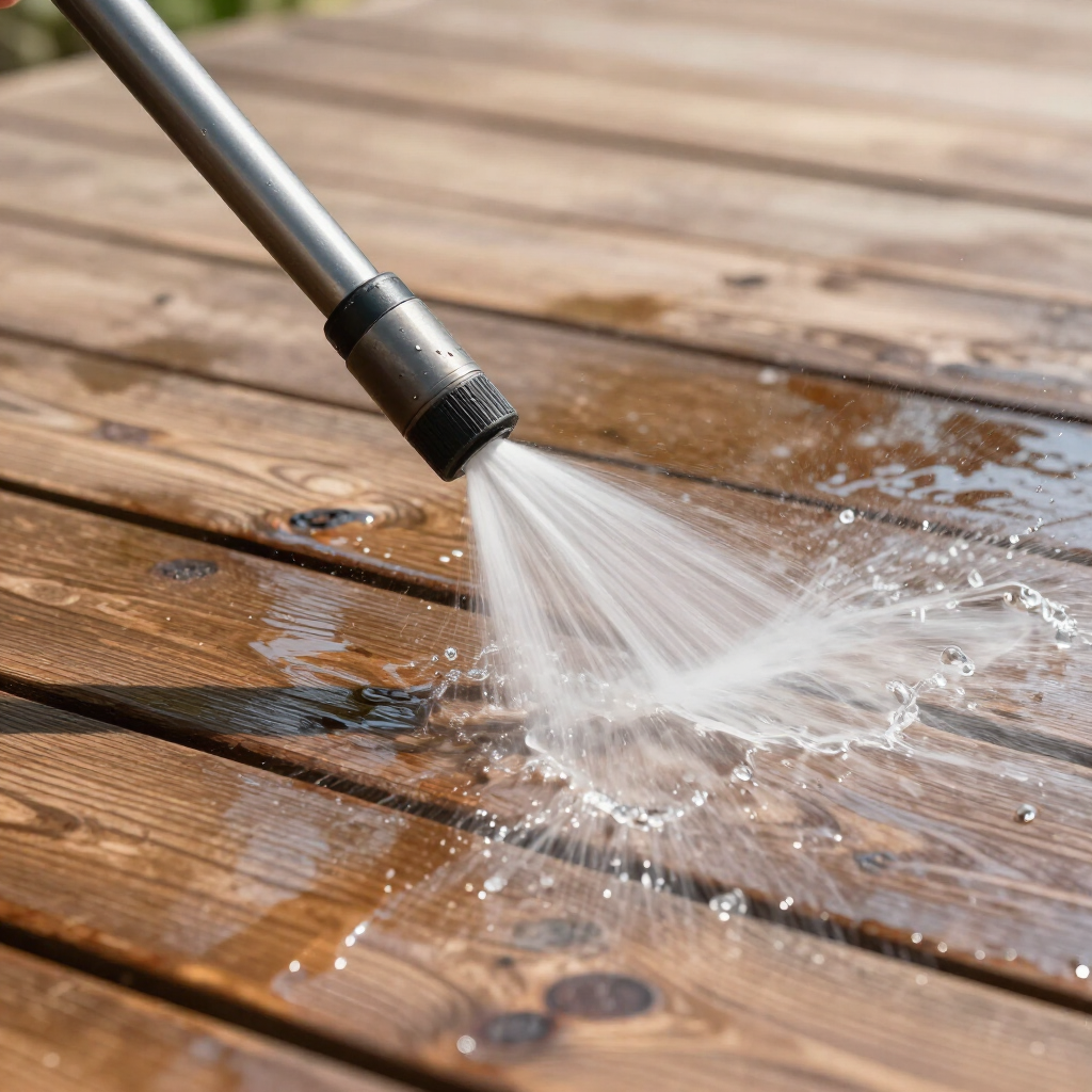 Pressure washer nozzle cleaning a deck surface