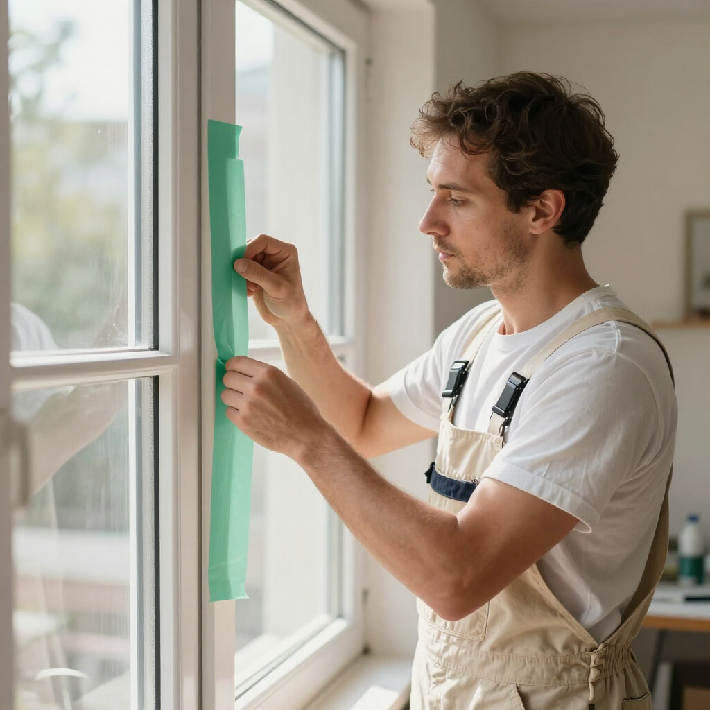 Painter taping off a window frame before priming
