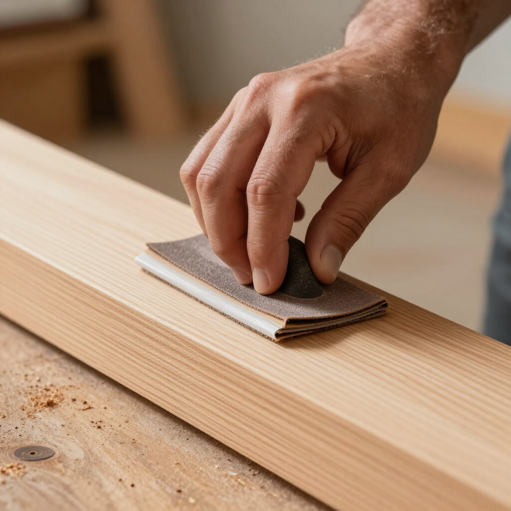 Hand sanding a wood fascia board