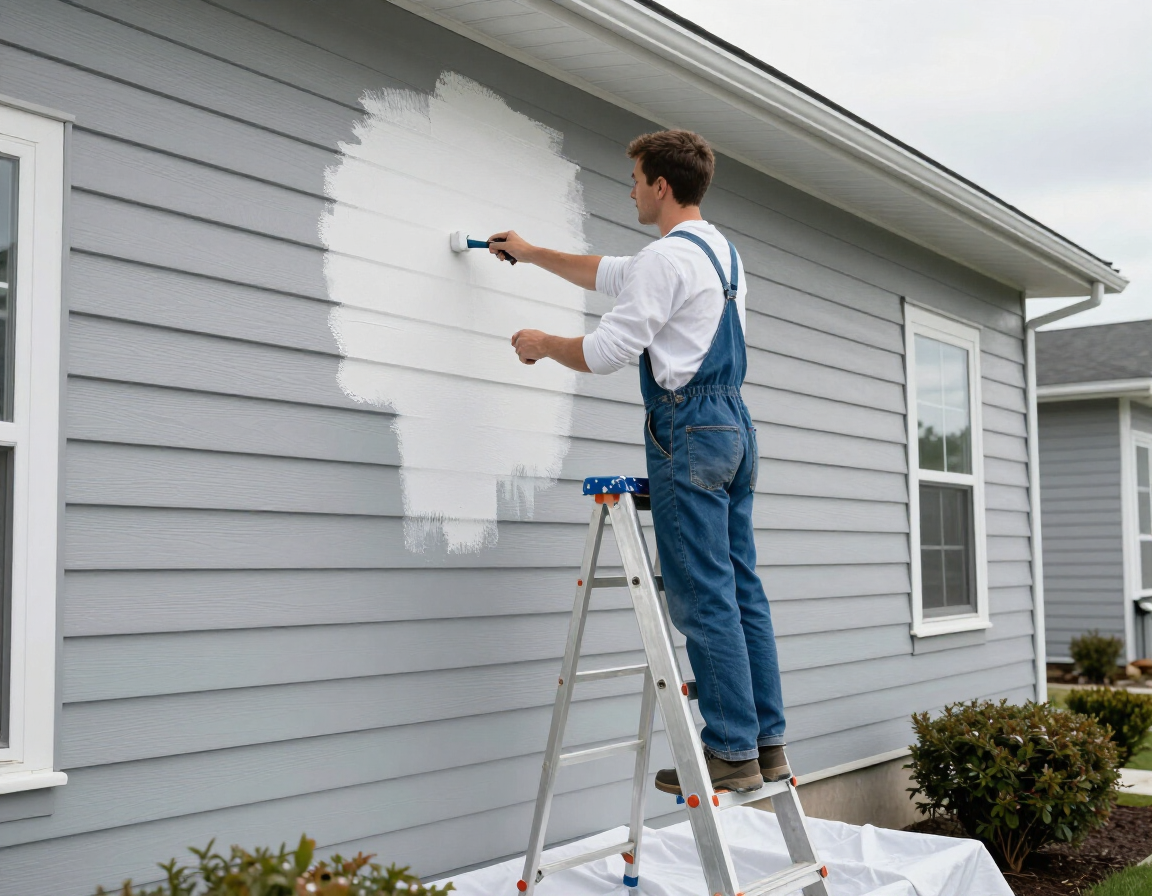 Painter applying fresh exterior paint to siding