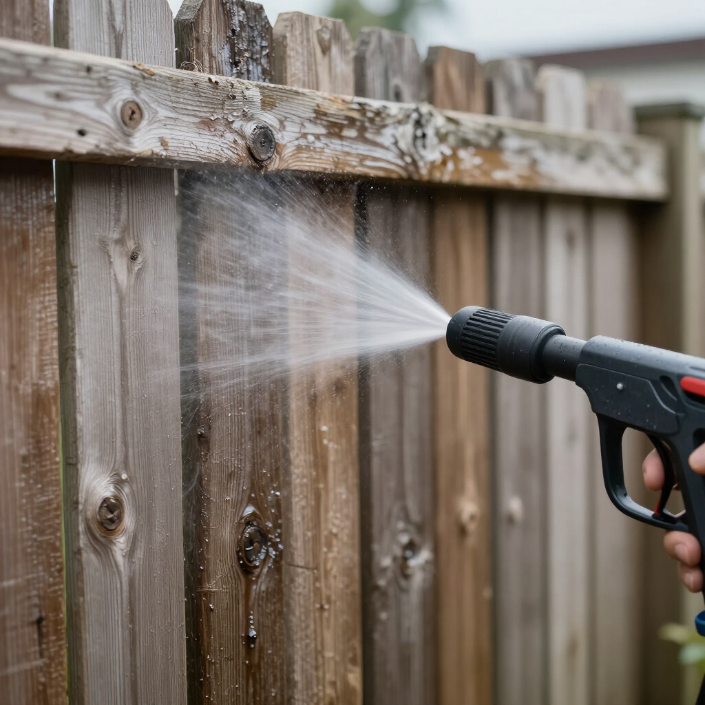 Pressure washer cleaning a wooden fence panel