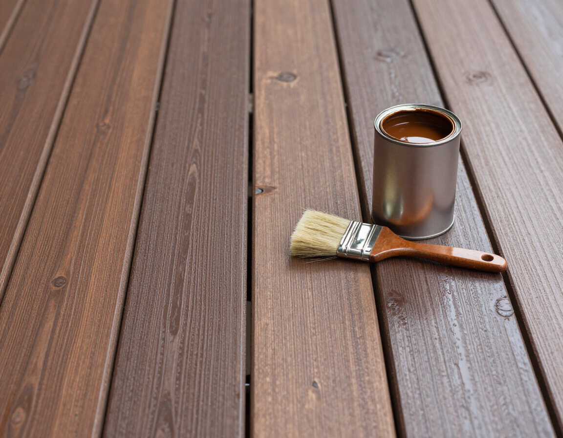 Freshly stained wood deck with brush and stain can